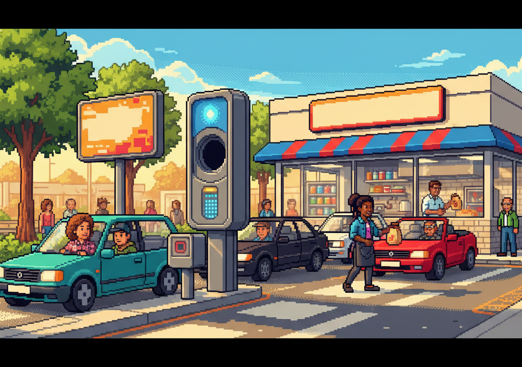 Five diverse friends in casual summer streetwear standing near a sleek, futuristic drive-thru kiosk with a glowing digital interface, one person speaking into the terminal, vibrant suburban sunset background, pixel art style.