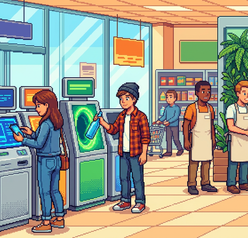 A diverse group of shoppers in a bright modern grocery store lobby using sleek interactive recycling kiosks. A woman taps her phone on a digital screen, a young man feeds a blue glass bottle into a glowing portal, and a store employee assists an elderly patron near a wall of lush green indoor plants.
