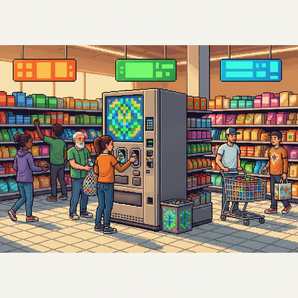 A diverse group of shoppers in a bright modern grocery store lobby using sleek interactive recycling kiosks. A woman taps her phone on a digital screen, a young man feeds a blue glass bottle into a glowing portal, and a store employee assists an elderly patron near a wall of lush green indoor plants.