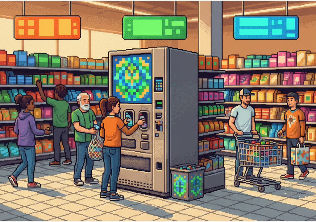 A diverse group of shoppers in a bright modern grocery store lobby using sleek interactive recycling kiosks. A woman taps her phone on a digital screen, a young man feeds a blue glass bottle into a glowing portal, and a store employee assists an elderly patron near a wall of lush green indoor plants.