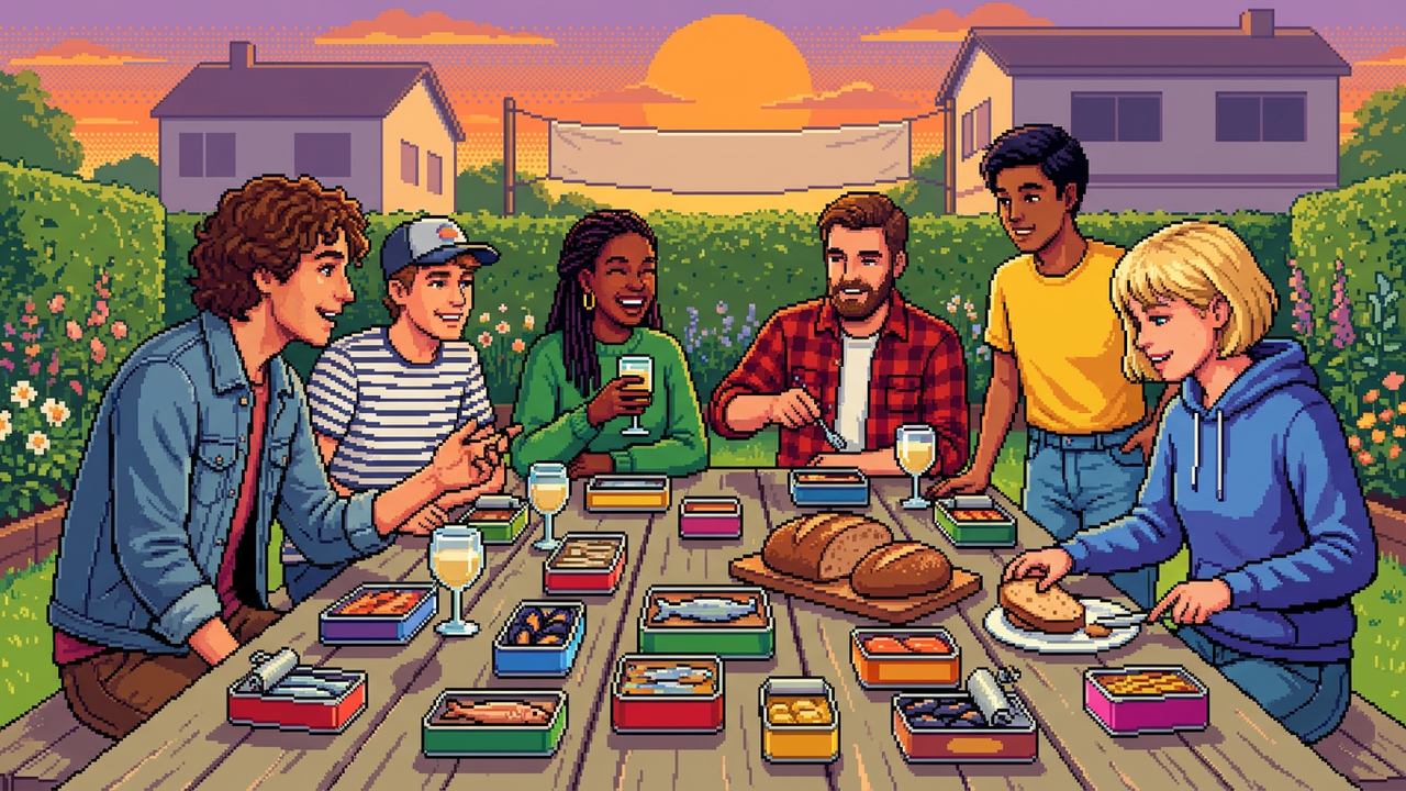 A pixel-art depiction of a diverse group of young adults at a backyard garden party, gathering around a long table filled with open colorful tins of sardines and mussels, sourdough bread, and glasses of white wine.
