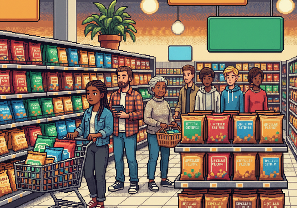 A diverse group of bakers and snack-food scientists in a sunlit industrial kitchen, crafting sourdough loaves and pretzels using textured, dark upcycled grain flours.
