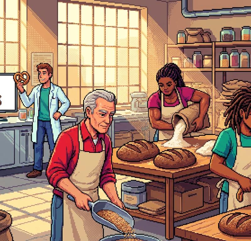 A diverse group of bakers and snack-food scientists in a sunlit industrial kitchen, crafting sourdough loaves and pretzels using textured, dark upcycled grain flours.