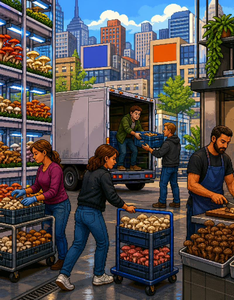 Rows of specialty mushrooms growing in a climate-controlled urban vertical farm