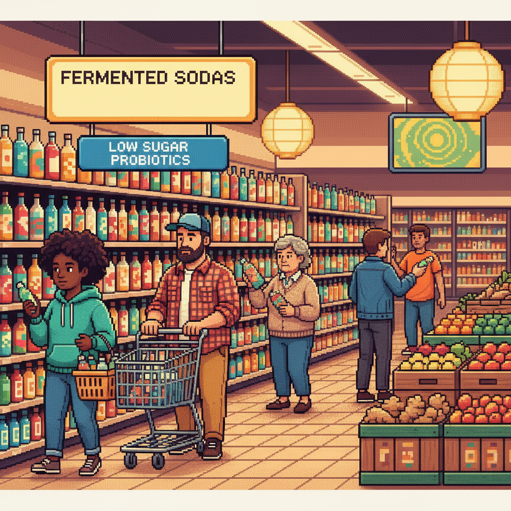 A pixel-art scene of a modern bright grocery store aisle where diverse shoppers are picking up glass bottles of colorful sparkling water kefir from a refrigerated case.