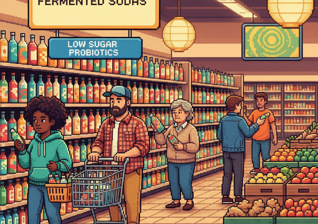 A pixel-art scene of a modern bright grocery store aisle where diverse shoppers are picking up glass bottles of colorful sparkling water kefir from a refrigerated case.