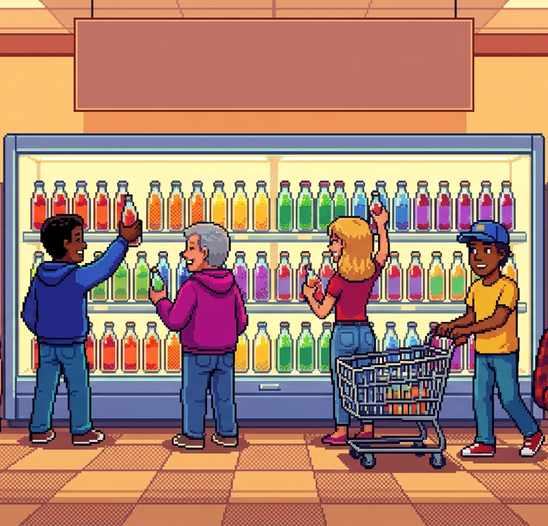 A pixel-art scene of a modern bright grocery store aisle where diverse shoppers are picking up glass bottles of colorful sparkling water kefir from a refrigerated case.